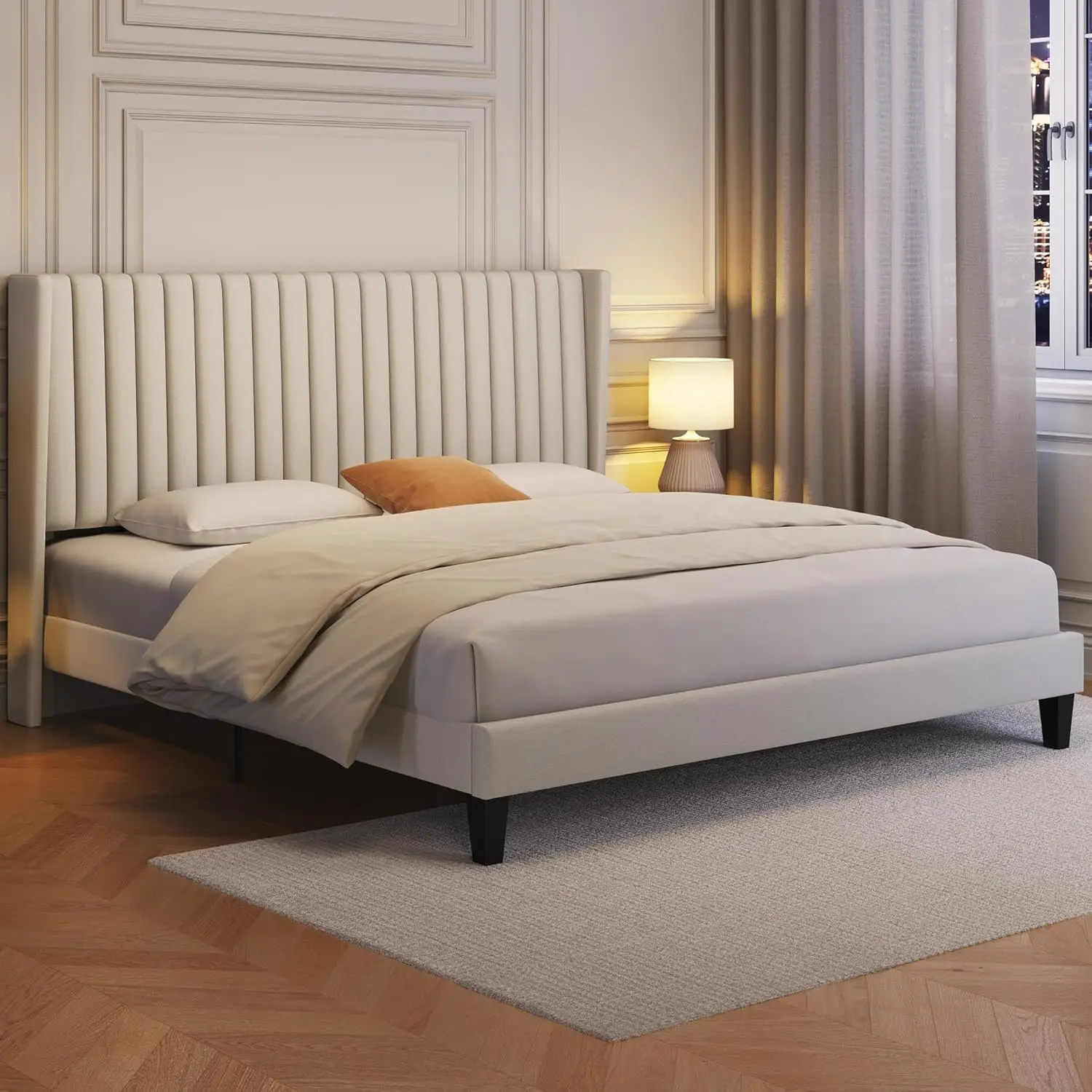 King Bed Frame Upholstered Platform Bed with Fabric Headboard, Wing Edge Design/Non-Slip and Noise-Free/Wooden Slats Support/No