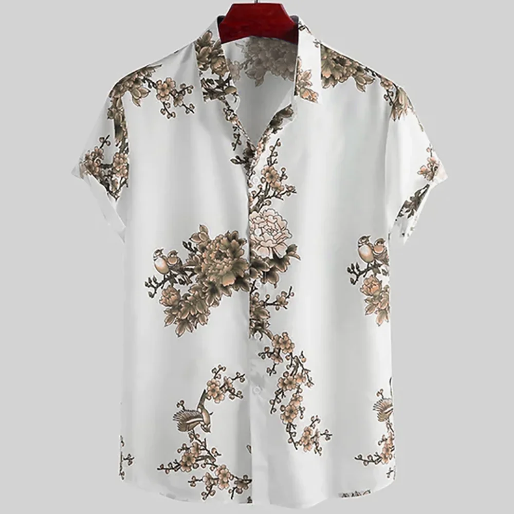 

Japanese Flower Bird Print Fashion Men's Shirt Hawaiian Blouse Casual Loose Breathable Short Sleeve Outdoor Street Men's Clothes