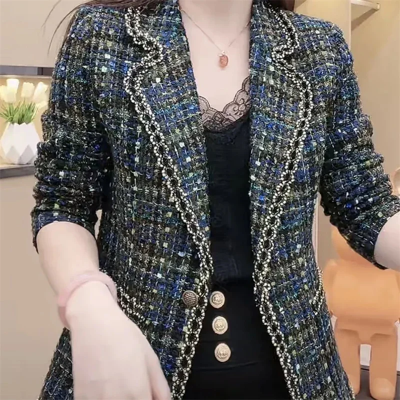 Tweed Blazer Plaid Small Fragrance Woman Coat 2024 New Autumn and Winter Thick Warm Outerwear Lady One Button Leisure Suit Top