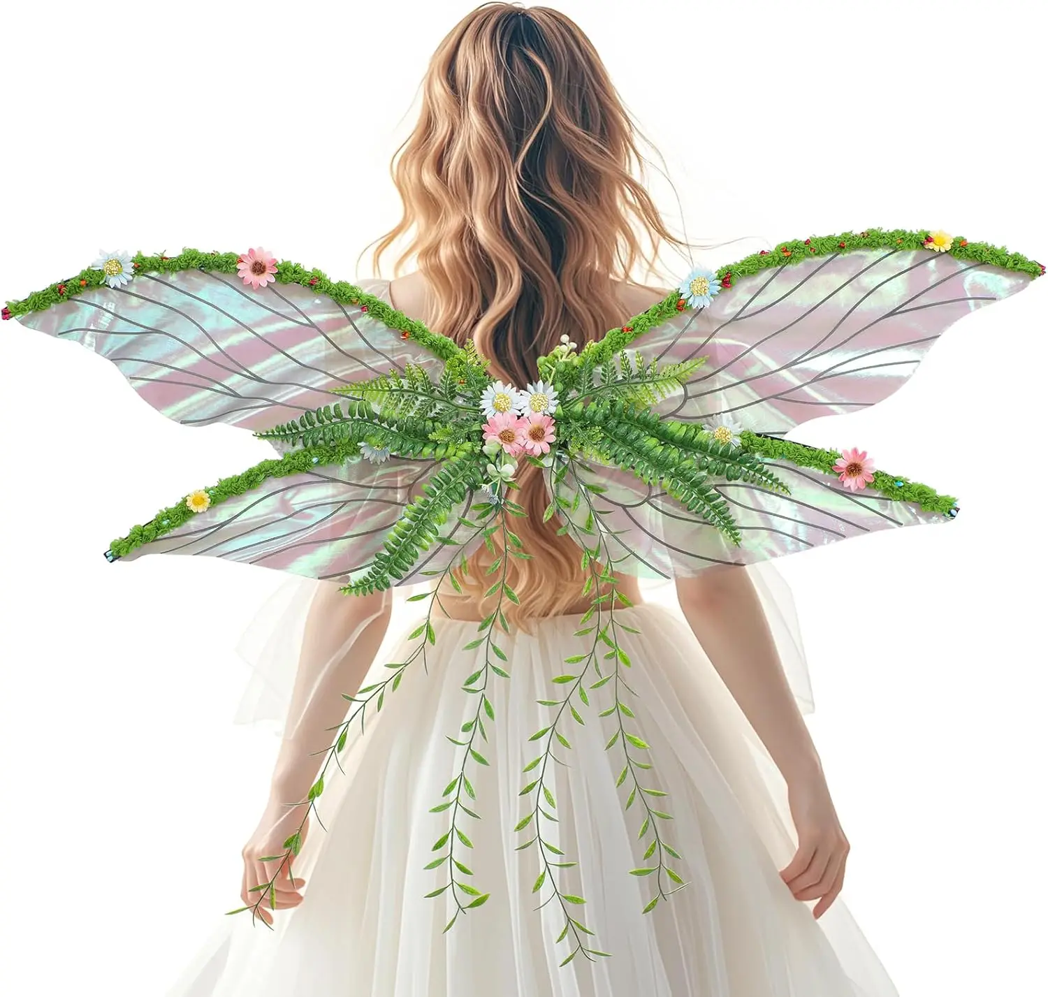 Lila Feenflügel für Erwachsene – Schmetterlingsflügel, Waldelfenflügel mit lila Blumen, Blättern und Ranken, Fotoshooting, Rollenspiele – Detail 9