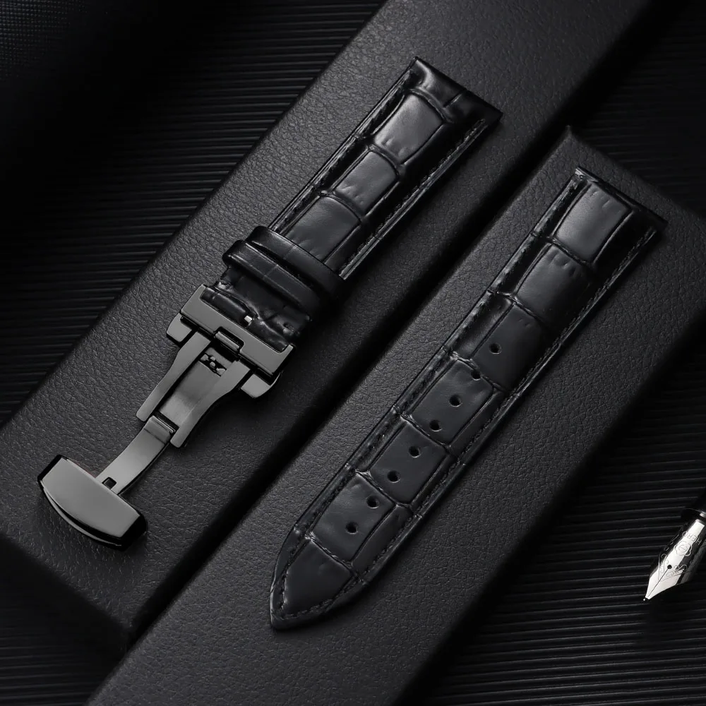 Elegant Leather Watchband with Butterfly Buckle - Universal Strap for Business & Casual Wear