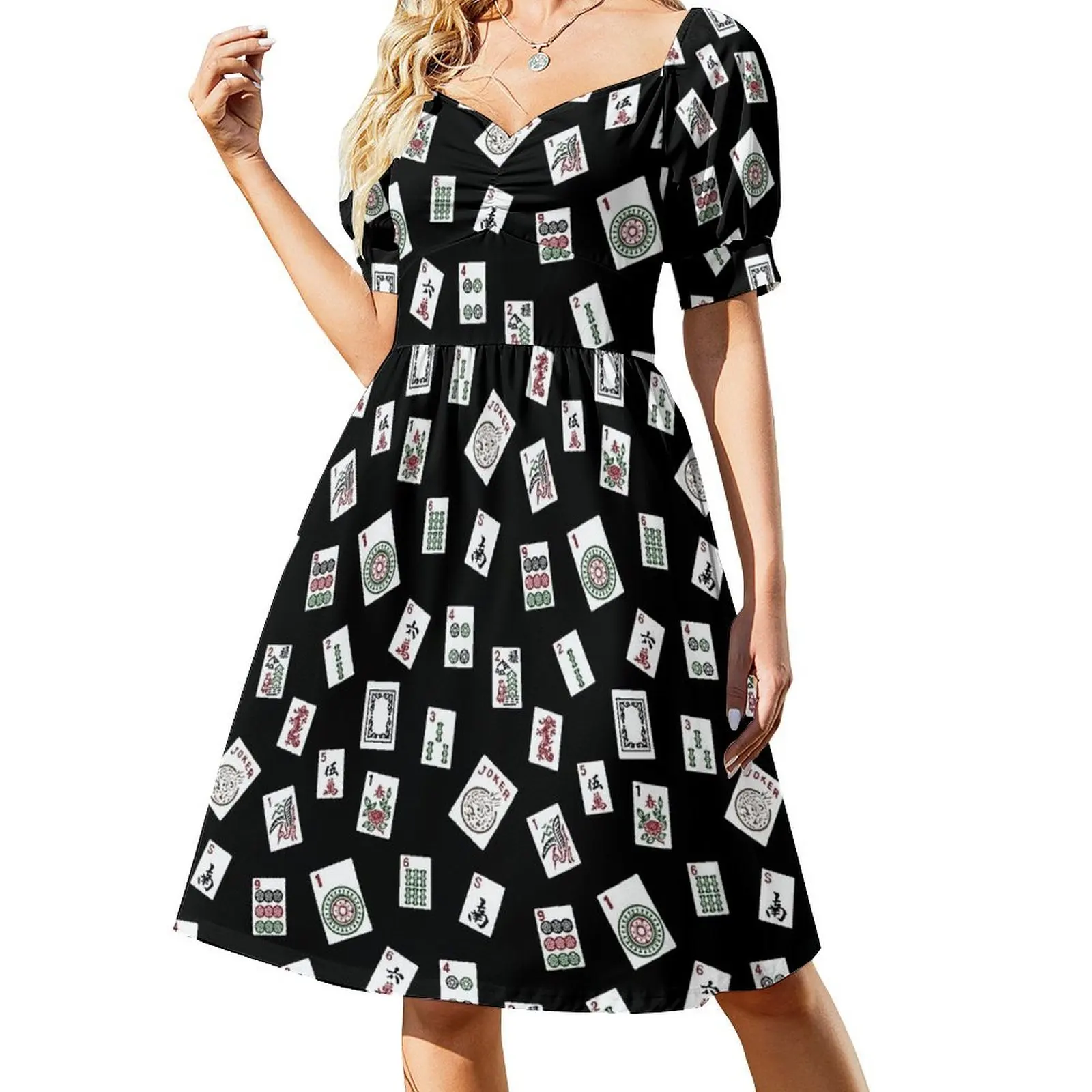 thumbnail image 1 of Vestido de manga corta de mahjong negro Vestidos largos vestidos de mujer ropa para mujer Vestido, 1 of 7