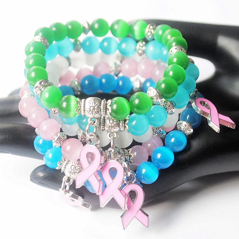 Breast Cancer Awareness Pink Ribbon Charm Bracelet 5 Color Cat Eye Opal 8mm Beads Bracelet B004