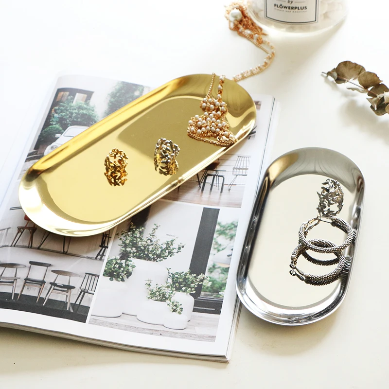 Rose Gold Tray Metal Nordic Oval Jewelry Tray Chic Stainless Steel Gold Plate Seal Bean Spoon Sandwich Fruit Tray Storage Tray 5