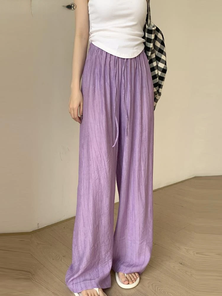 

2023 Casual Solid Korea Pant Women Wide Leg Straight Drawstring Elastic Waist All-match Female Pants Spring Pleated Trousers