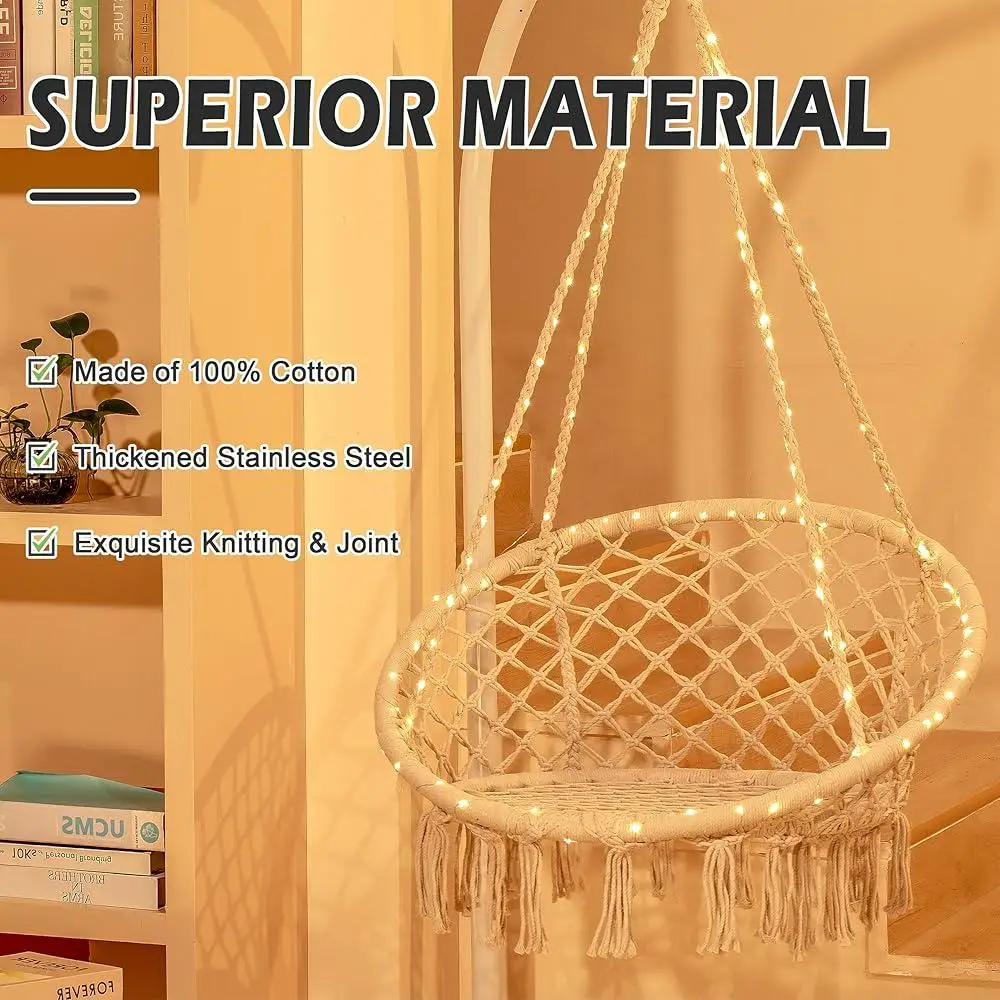 Macrame Hanging Chair with LED Lights Indoor Outdoor Swing Chair Decorative Hammock Relaxation Cradle Garden Home Patio 4