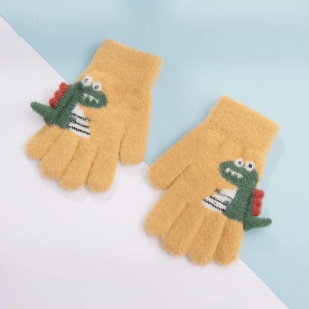 4-8 Year Old Winter Children's Thick Knitted Gloves Cartoon Dinosaur Warm Plush Children's Winter Finger Gloves warm gloves full finger gloves