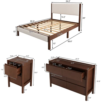 Modern minimalist style Bedroom Sets Upholestery Frame Queen Platform Bed,with Two Nightstands. 6
