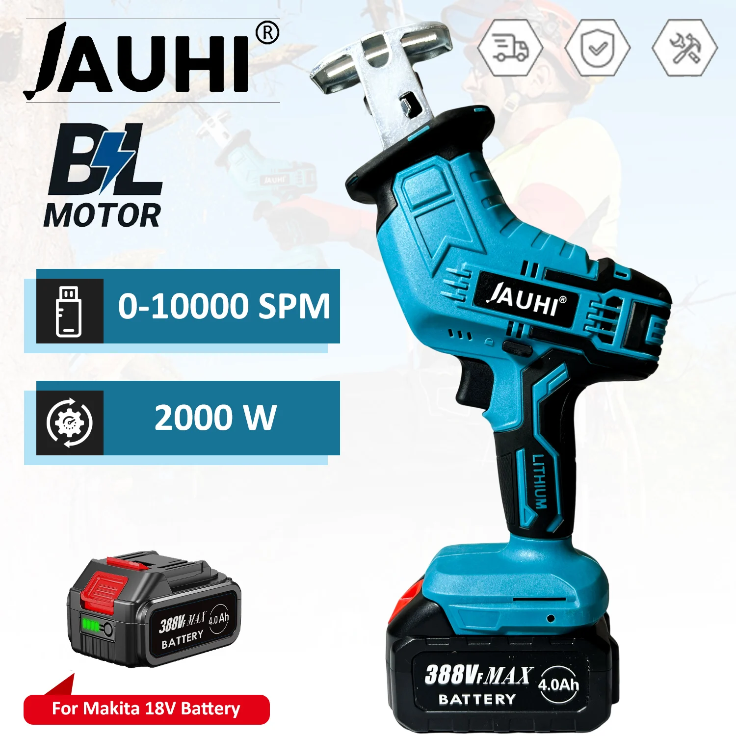

JAUHI Cordless Reciprocating Saw Adjustable Speed Chainsaw Reciprocating Saw Power Tool 18V Wood Metal PVC Pipe Cutting