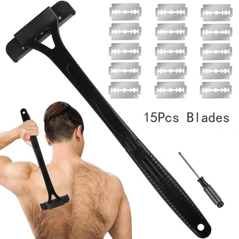 Uomo Rasoio per la schiena Capelli Rasoio per il corpo Sicurezza Manico lungo Trimmer pieghevole Corpo Gamba Rimozione Rasoio da barba Strumento per capelli con lame 1