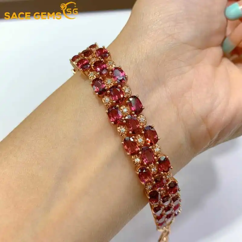 

SACE GEMS New Luxury 925 Sterling Silver 4*6MM Natual Garnet Gemstone Bracelrts for Women Engagement Cocktail Party Fine Jewelry