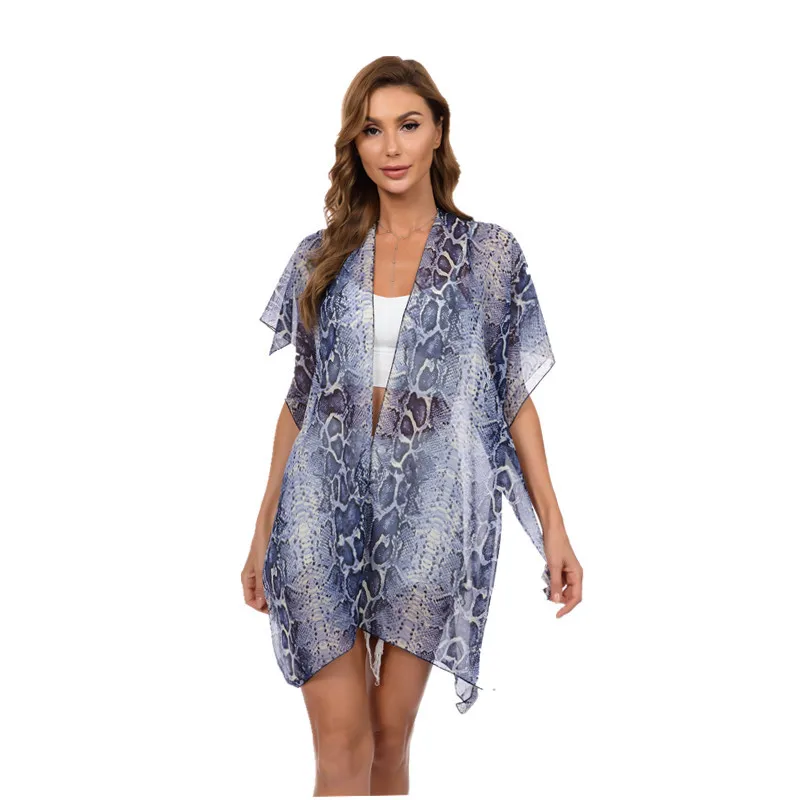 

Chiffon Printed Beach Sunscreen Suit Middle Garment Holiday Cardigan Snake Pattern Bikini Blouse Women Seaside Leisure Fashion