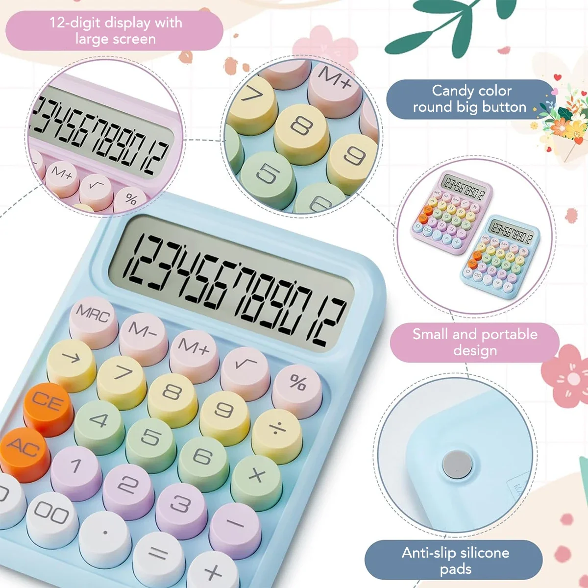 Colorful 12-Digit Mechanical Office Calculator - Cute Candy Design