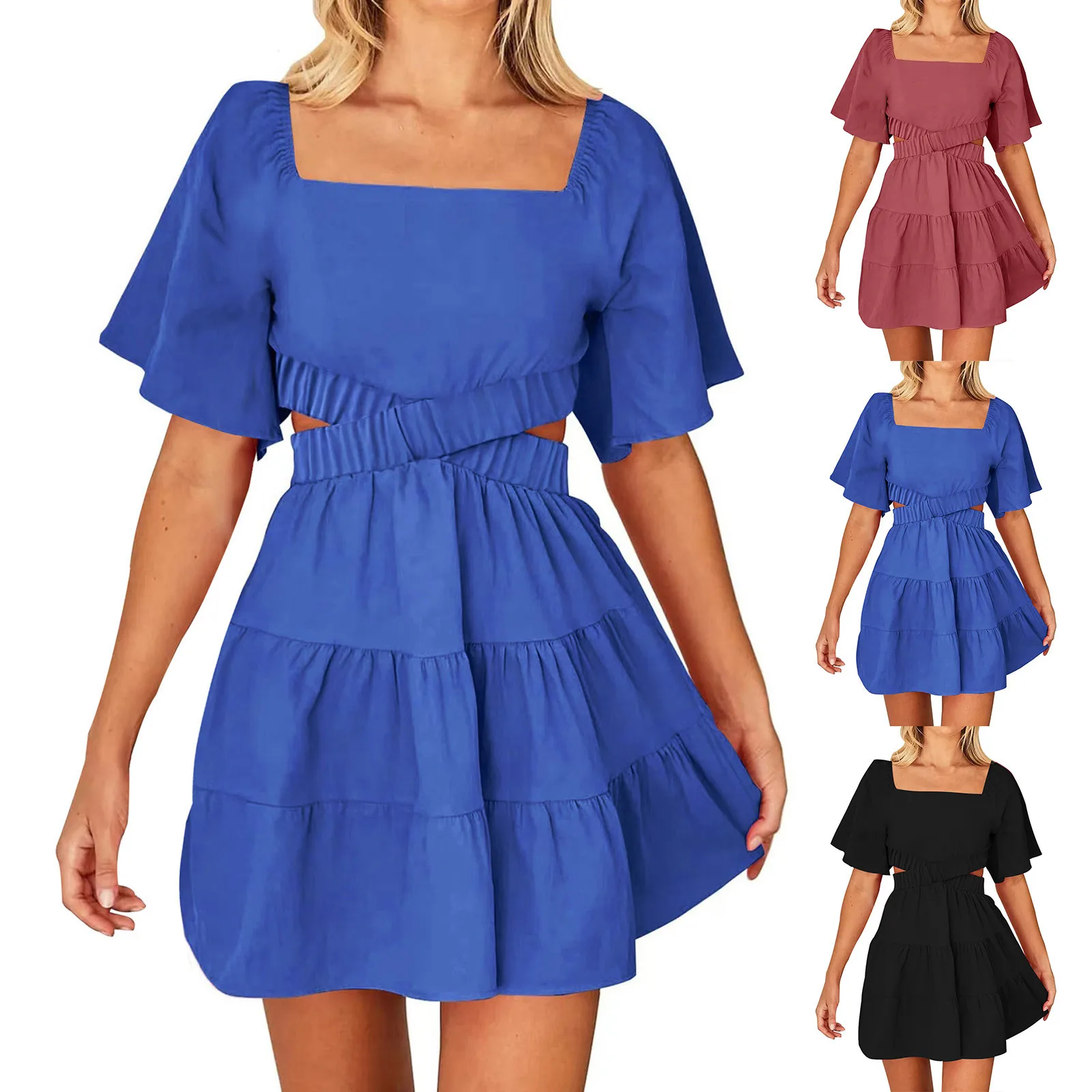 

Women Summer Dress Backless Knot Cross Hollow Out Waist Women Dress Patchwork A-line Loose Hem Pleated Ruffle Lady Mini Dress