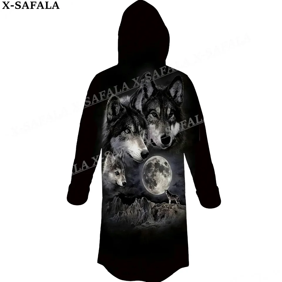 

Native Dark Angry Wolf Moon Print Thick Warm Hooded Cloak Men Overcoat Coat Windproof Fleece Cape Robe Hooded Blanket-2