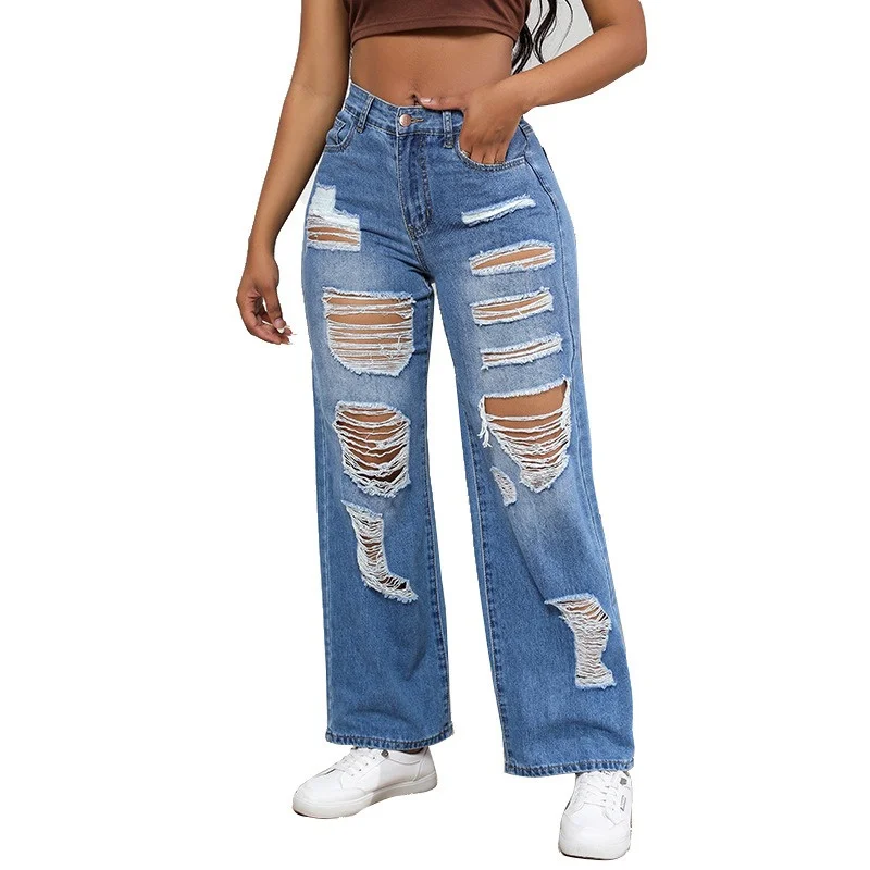 

Designer Women Streetwear Straight Pants Ripped Y2K Jeans High Waist Loose Wide Leg Pants Summer Ladies High Street Mom Jeans