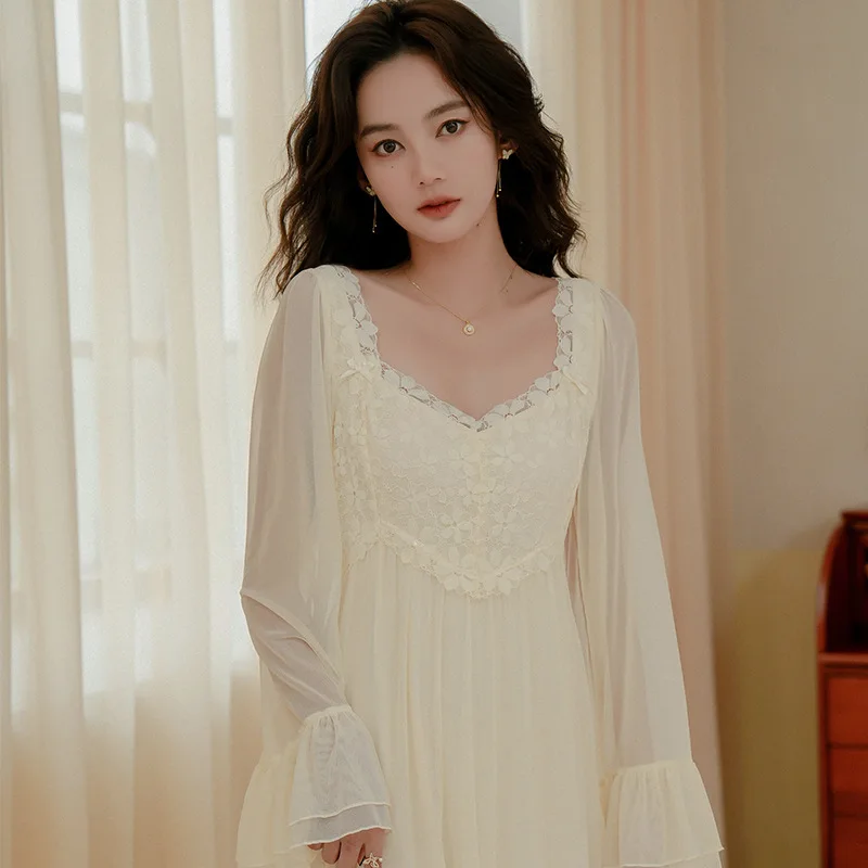 SXTHAENOO Fashion Elegant New Apricot Pajamas Nightdress French Spring Autumn Long Mesh Sleepwear NightgownNight Wears For Women