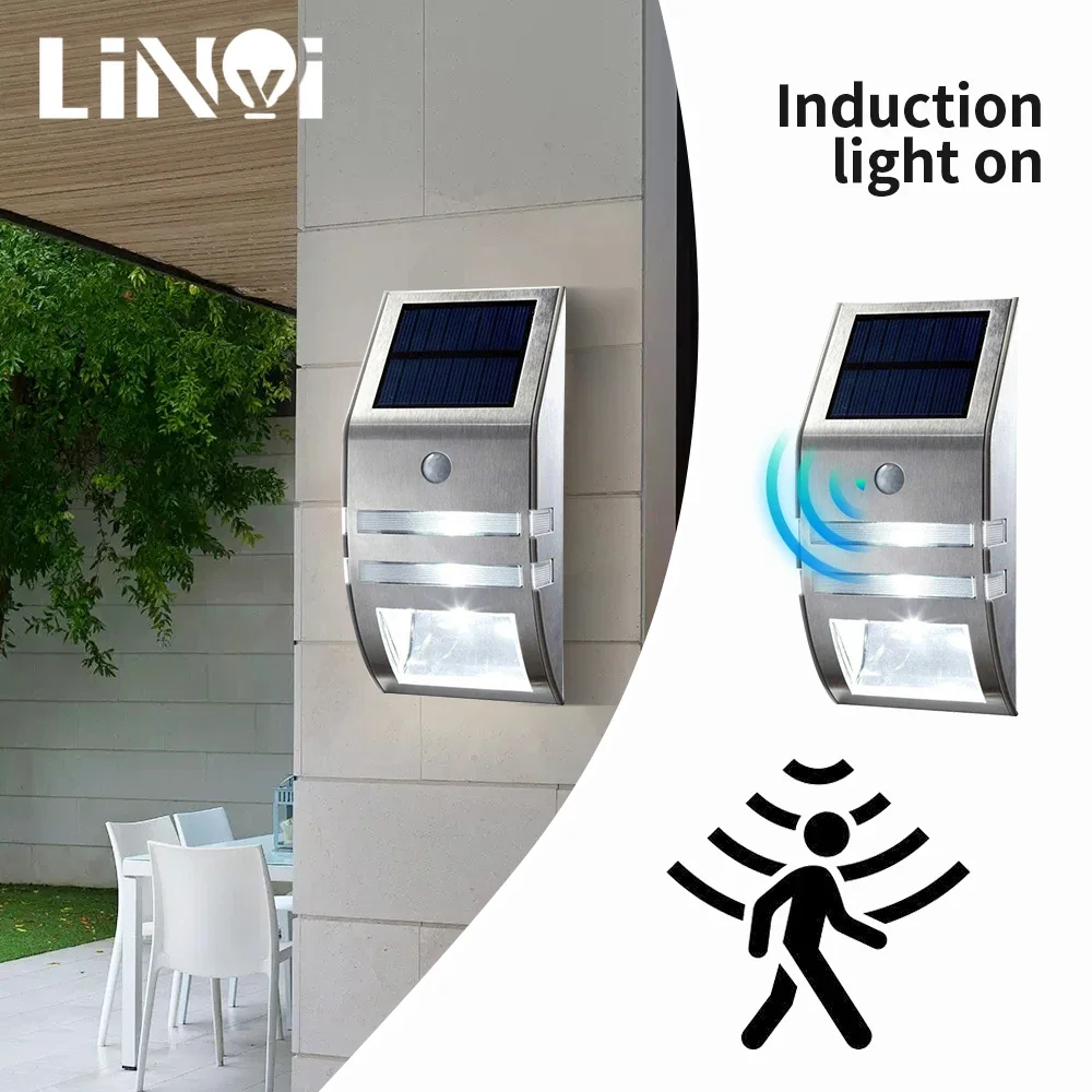 LED Stainless Steel Solar Light Waterproof PIR Motion Sensor for Garden Yard Lighting Outdoor Wall Lamp Black Silver