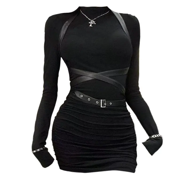 

Black Slim Fit Half High Neck Long Sleeved Dress for Women in Spring, with A Tight Waist and Buttocks Wrapped Skirt