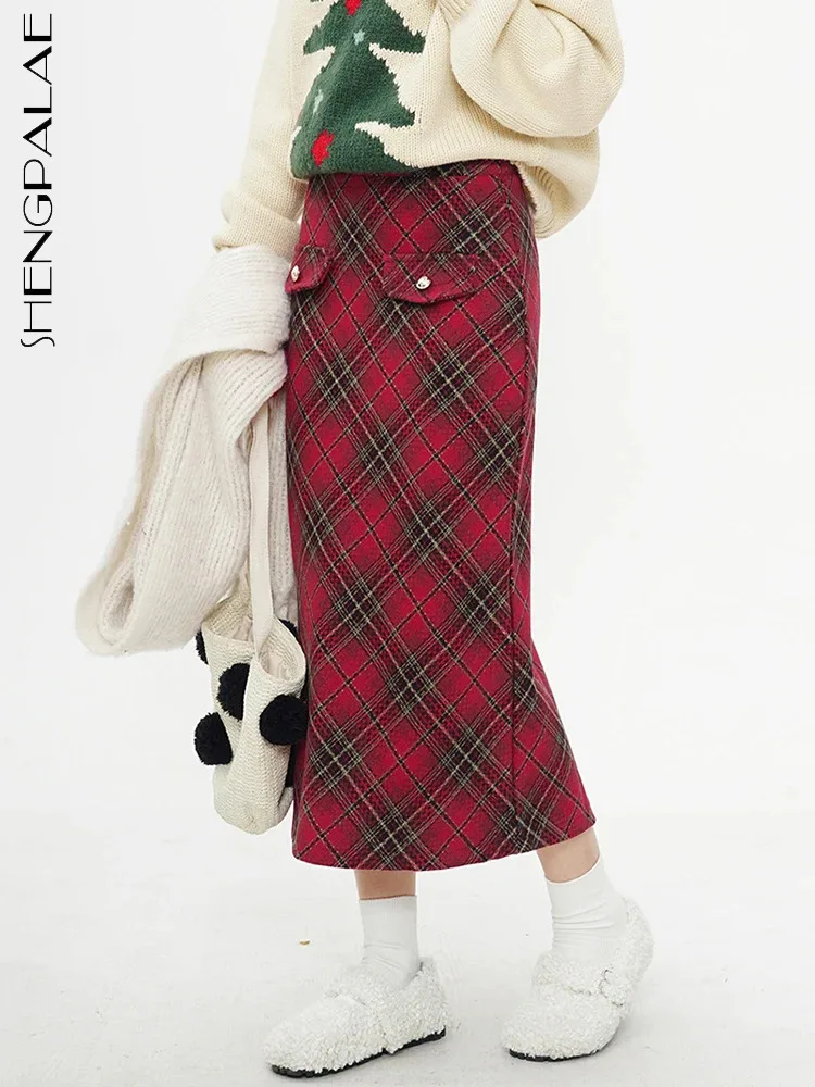 

SHENGPALAE Christmas Red Plaid Woolen Skirt For Women Patchwork High Waist Wrap Hip A-line Mid Calf Skirts Winter 2023 New R8631