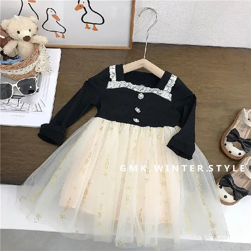 

Black Elegant Girl Dress A Line Long Sleeve Autumn Kids Clothes Dresses