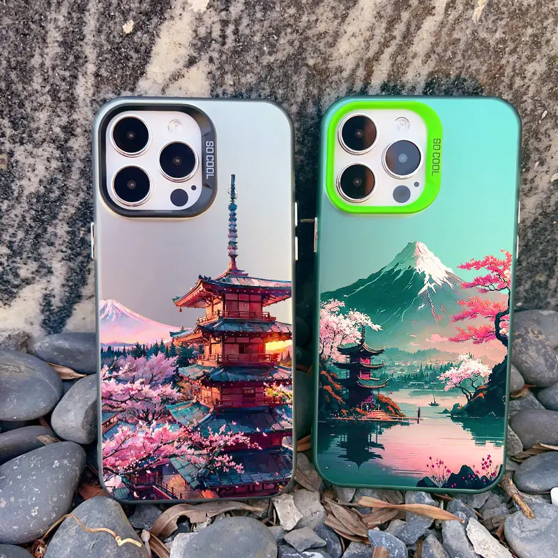 Japanese Aesthetic Mount Fuji Landscape Shockproof Phone Case with Laser Design