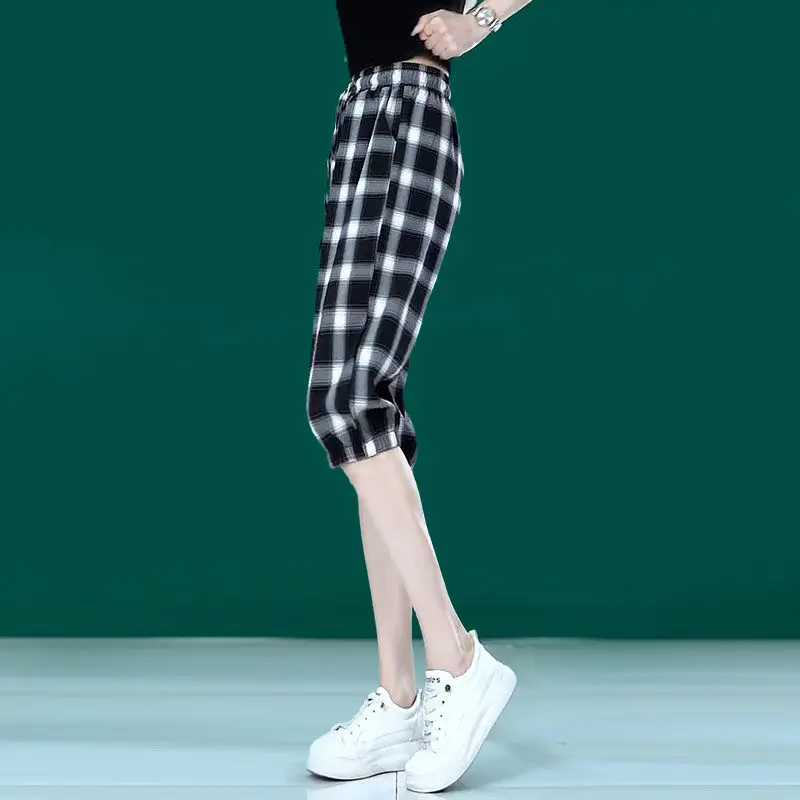 Spring Summer Women's Plaid Elastic High Waisted Pockets Contrast Color Pencil BloomersVacation Office Lady Casual Capri Pants