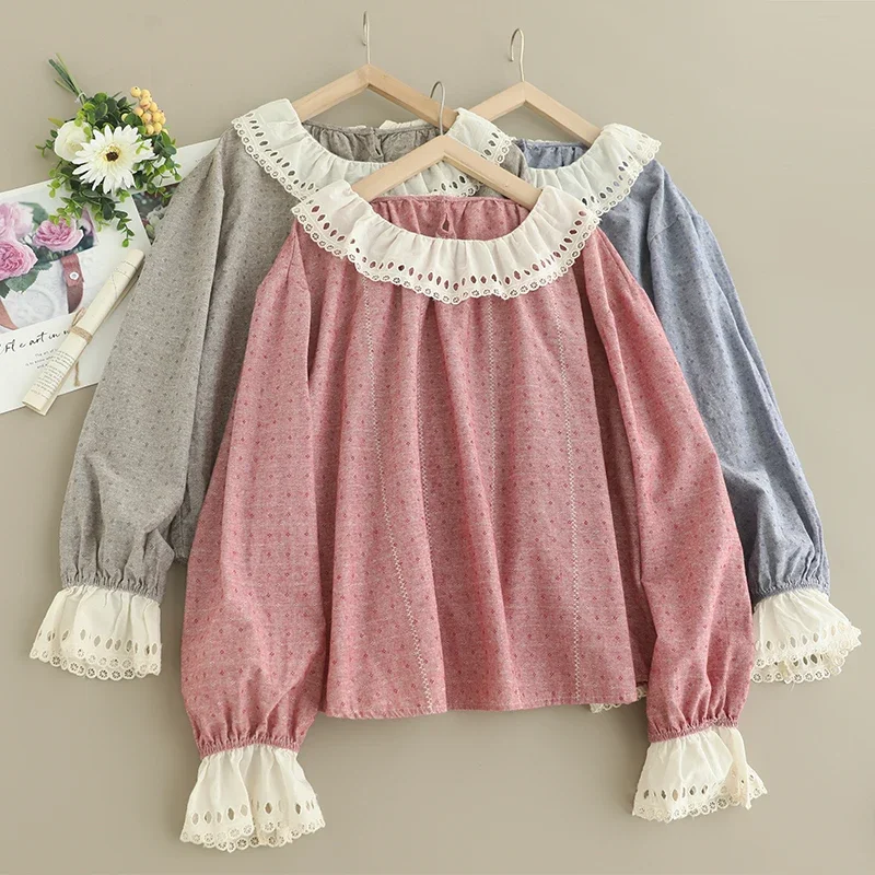 Spring Summer Sweet Mori Girl Hollow Out Embroidered Shirt Women Long Sleeve Casual Loose Cotton Linen Blouse Tops