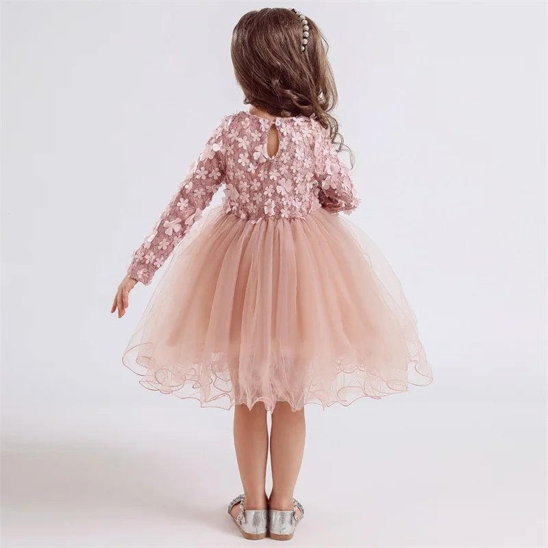 Girls Flower Lace Princess Dress Spring Party Holiday Mesh Tutu Long Sleeve Casual