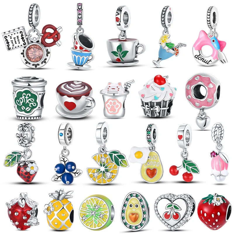 925 Sterling Silver Cherry Coffee Cake Ciambelle Serie Tè Pomeridiano Charms Perline Ciondolo Fit Pandora Bracciali Originali Fai Da Te