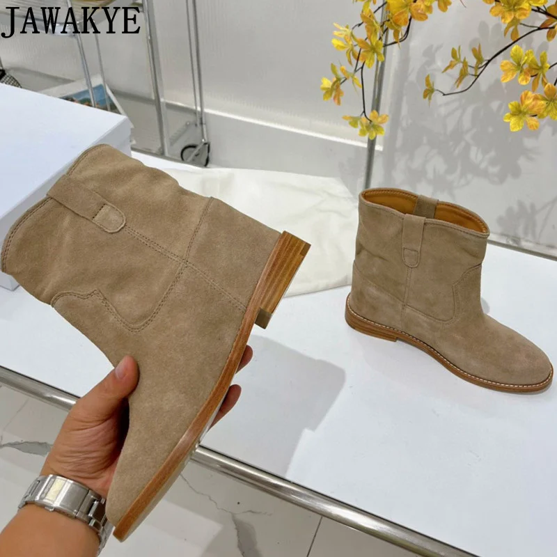 

Inner Wedge Heel Ankle Boots Genuine Leather Round toe Flat Heel Chelsea Boots Winter Brand Shoes Women