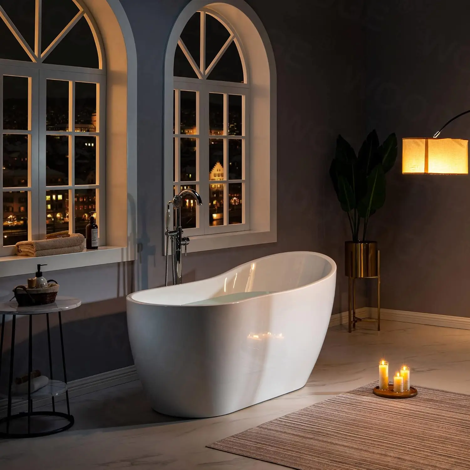 59" Acrylic Freestanding Bathtub Contemporary Soaking White Tub with Chrome Overflow and Drain White Non Slip Design