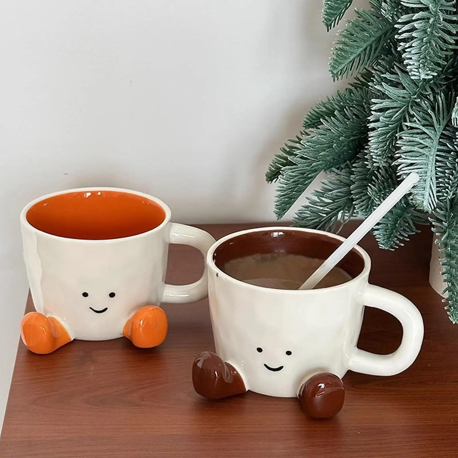 1pcs Happy Face Coffee Mug With Handle Ceramic Coffee Cup With Cute Feet Water Cups Birthday Gifts Office & Home Decors