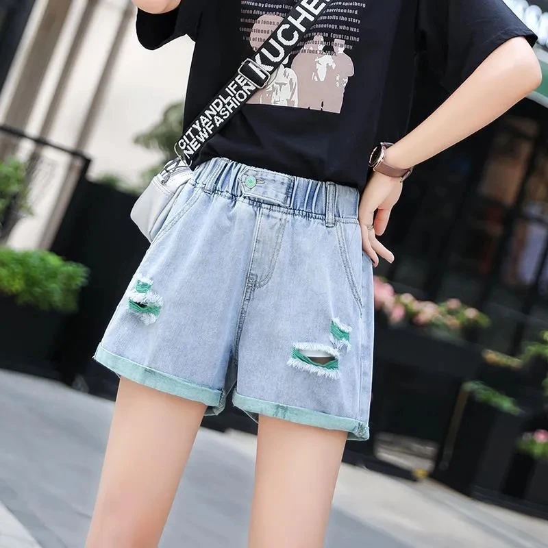 Elastic High Waist Ripped Denim Shorts Women 2024 Summer Korean Preppy Style Hole Loose Wide Leg Pants Casual Cuffs Jean Shorts