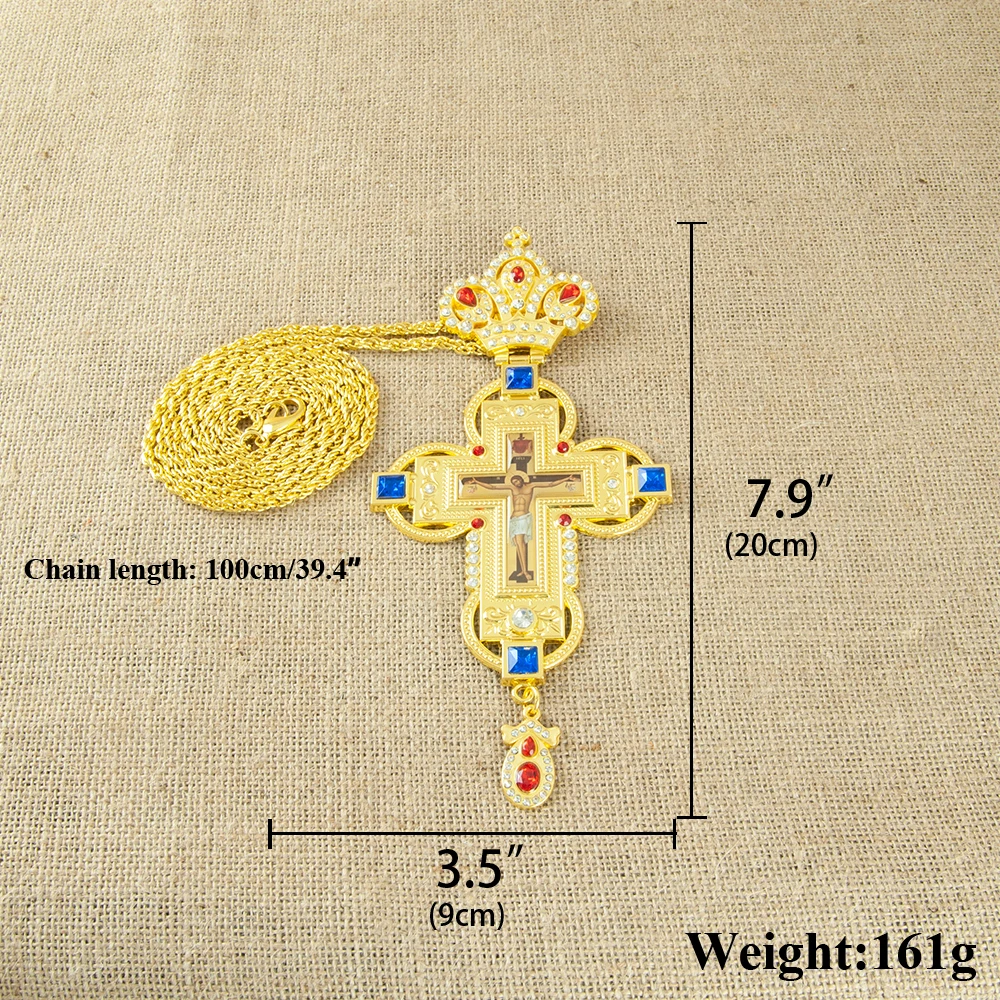 HTISOK Orthodoxer christlicher Kreuz-Anhänger, vergoldet mit Edelsteinen, Strasssteinen, orthodoxes Geschenk für Pastor, Ostern, Hochzeit, Kirche – Detail 1