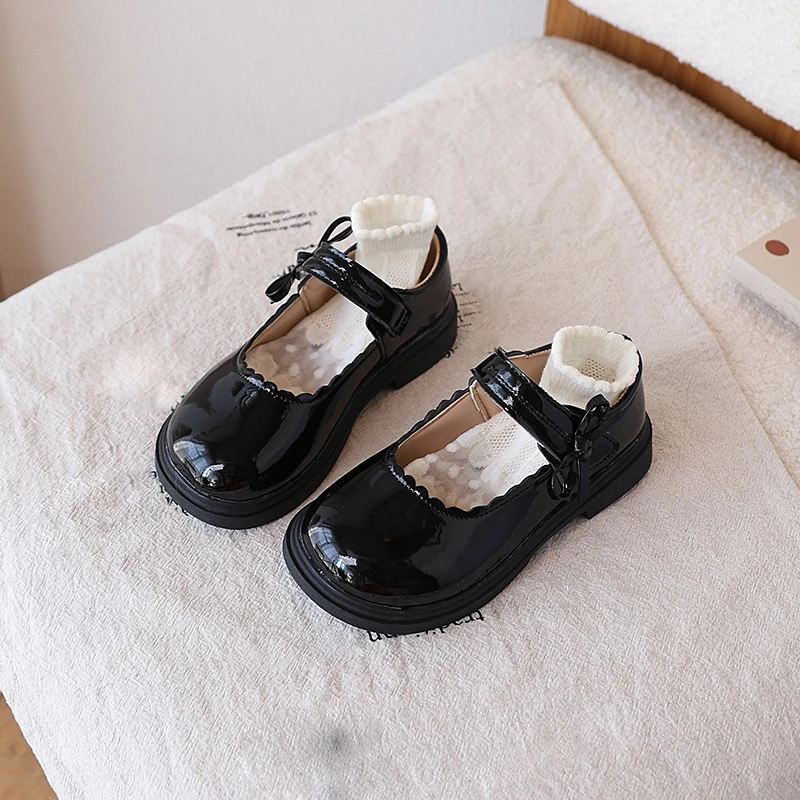Black Leather Kids Mary Jane Flat Shoes for Girls
