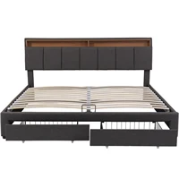 Двуспальная кровать с подкладкой, каркас кровати с изголовьем ящика и 2 ящиками, двуспальная кровать со светодиодной подсветкой, кровать для взрослых и подростков, кровать серого цвета — изображение 5