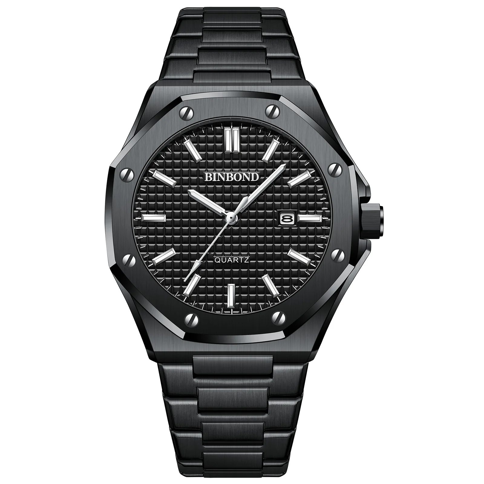 Royal Casual Men Watches Big Dial Silver BINBOND B0233 Stainless Steel Calendar Quartz Wristwatch Classic Top Brand Male Clock