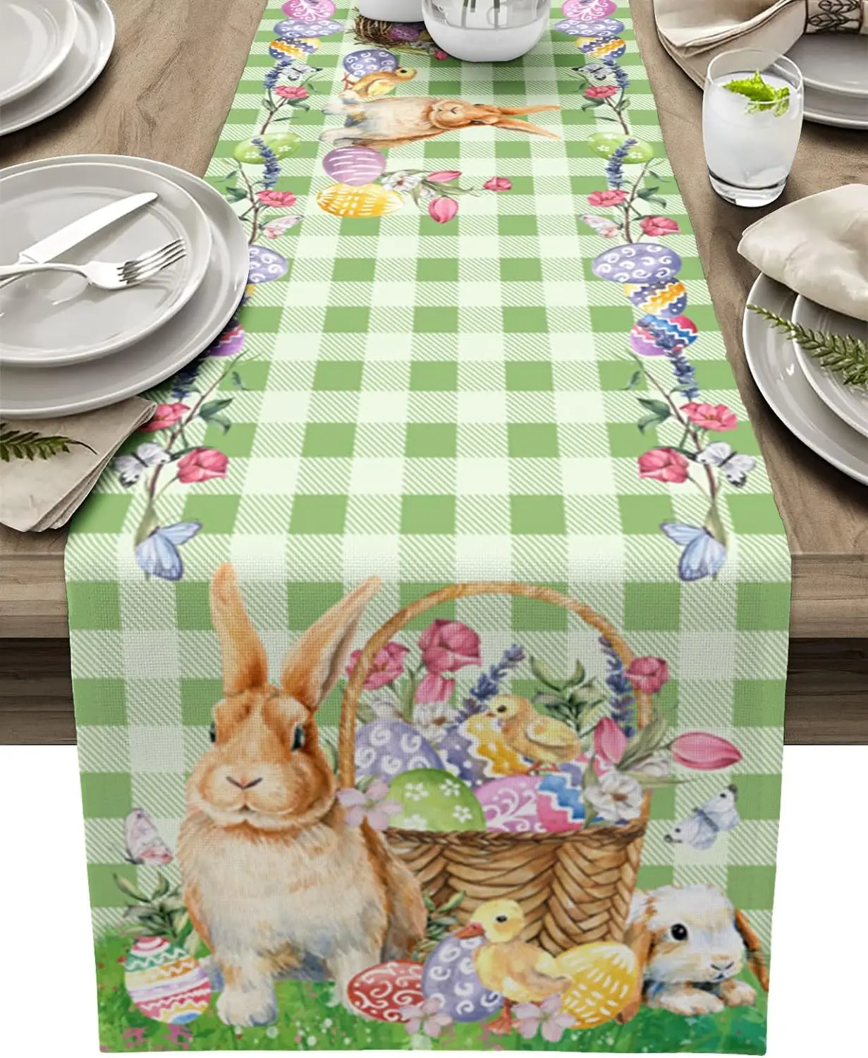 Easter Rabbit Colorful Eggs Flowers Green Plaid Linen Table Runners Washable Kitchen Dining Table Runners Wedding Decorations