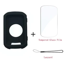 Silicone Protective Set with Tempered Glass Screen Protector & Lanyard for Garmin Edge GPS Computer (Black Normal)