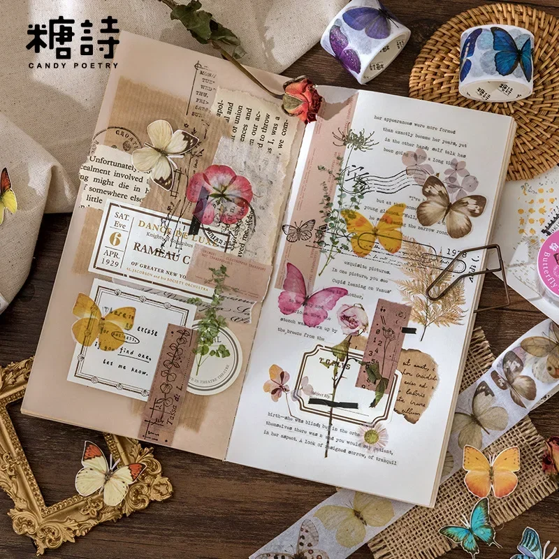 Colorful Vintage Butterfly Washi Tape Stickers Decorative Junk Journal DIY Craft Diary Album Scrapbooking Material Supplies