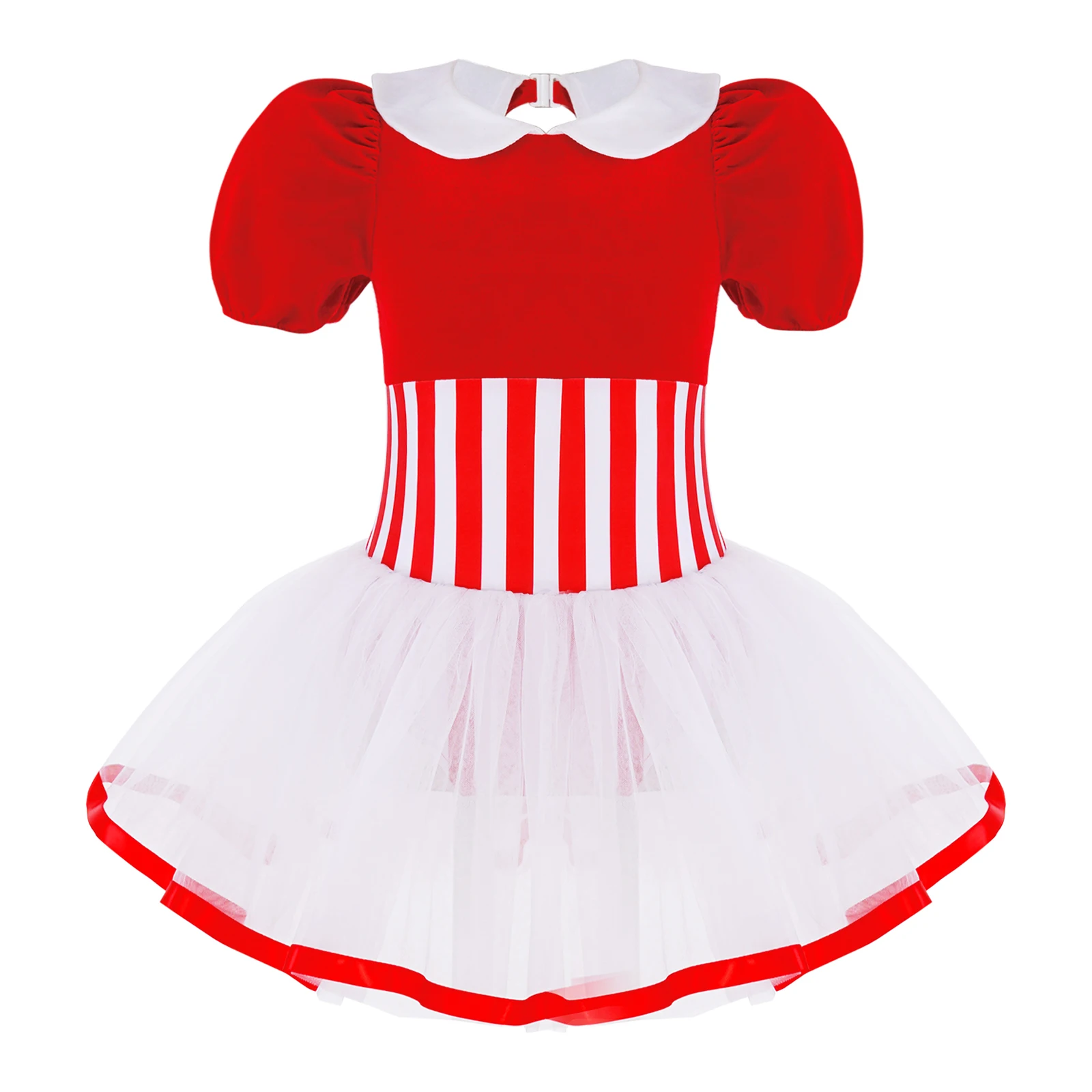 

Kid Christmas Costume Girls Striped Ballet Leotard Dress Short Sleeve Doll Collar Tutu Mesh Dance Jumpsuit Figure Skating Dress