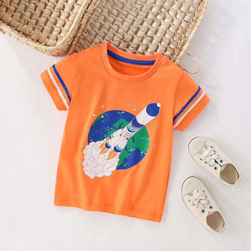 Хлопковая футболка для мальчиков и девочек, оранжевая Повседневная рубашка с изображением ракеты прыжков-метров, на лето