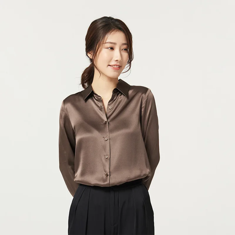 Women's Long-Sleeved Satin Silk Shirt Mulberry Silk Blouse 93% Natural + 7% Spandex women shirts