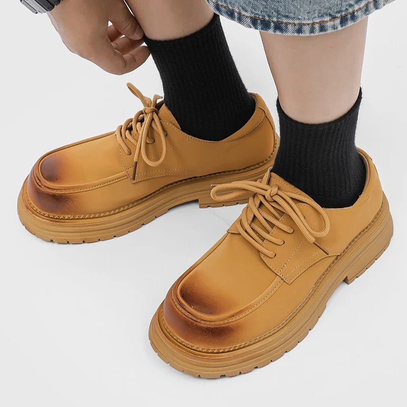 Men's Thick Soled Lace Up Leather Minimalist Designer Style Work And Party Outdoor Trendy Streets Young People's Shoes_voghion.com
