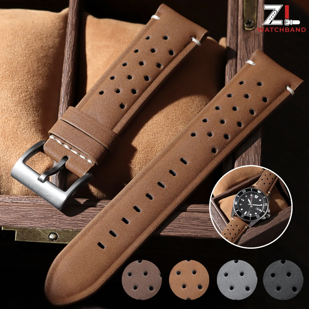 Vintage Matte Leather Racing Watch Straps - Gray, Black, Brown Porous and Breathable Men’s Watchband