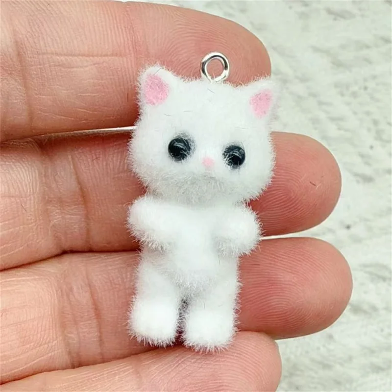 4pcs Kawaii 3D Fluffy Flocking Resin Cat Animal Charms