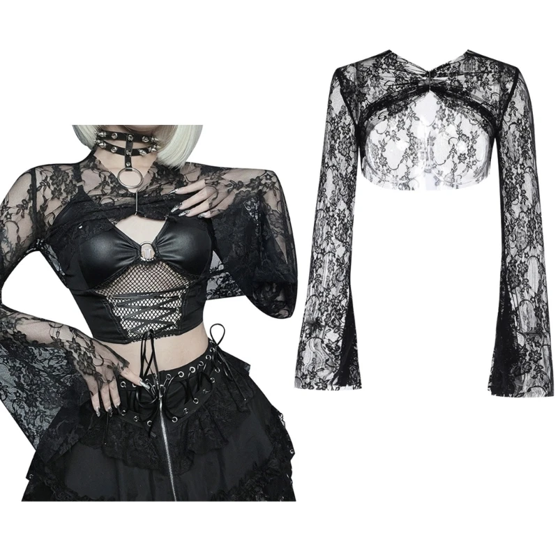 

New style Protections Lace Blouses Women Sheer Mesh Crop Tops Y2K Streetwear Shirt