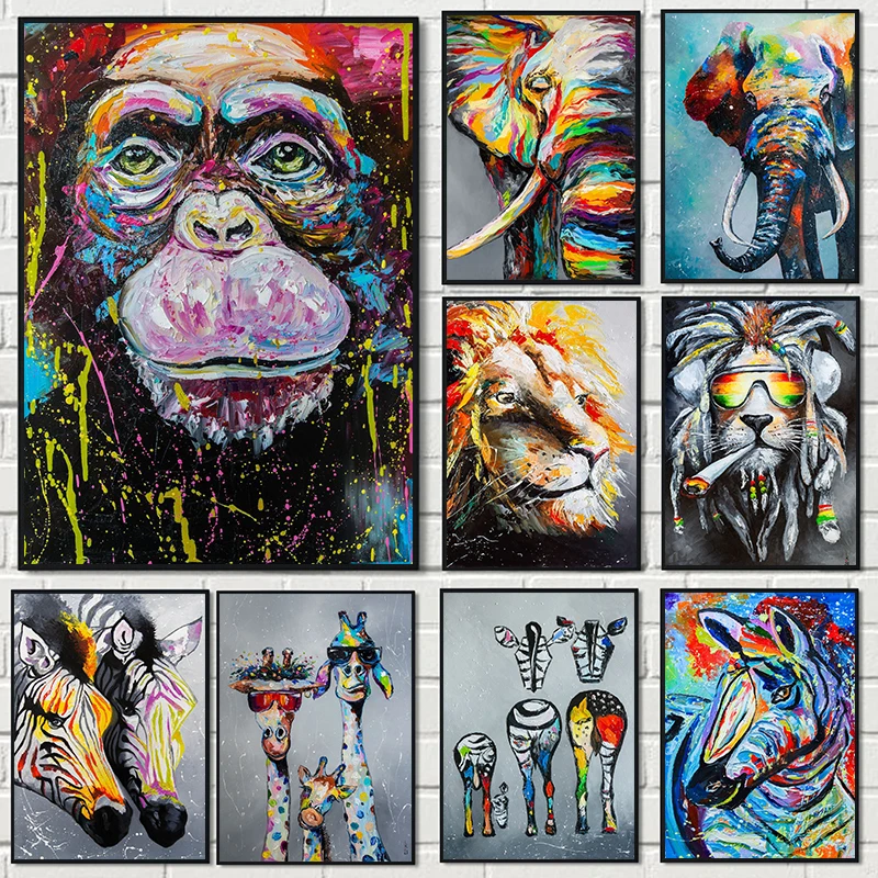 

Graffiti Animals Abstract Watercolor Monkey Lion Zebra Cow Canvas Painting Poster Prints Wall Art Picture for Living Room Decor