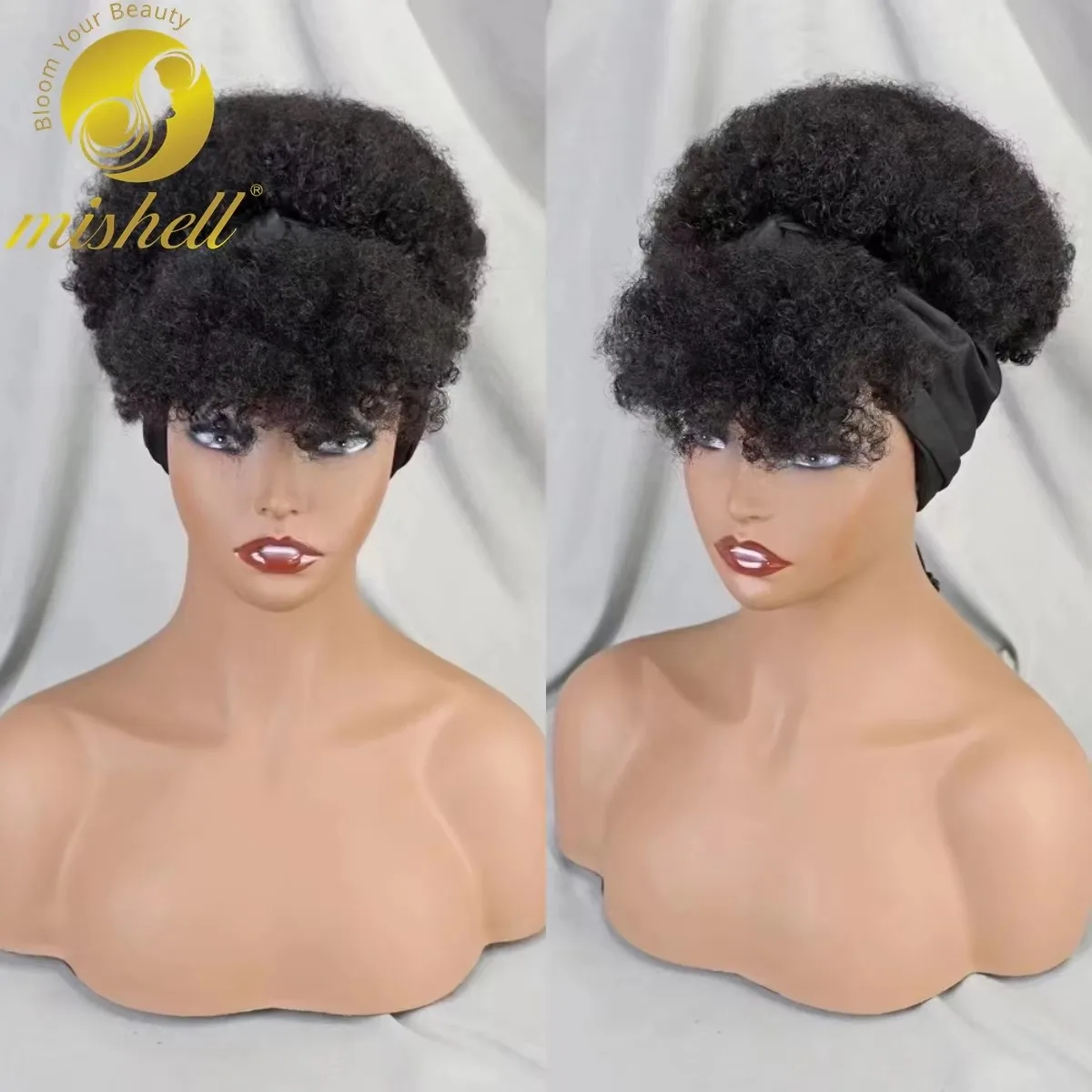 Human Hair Wigs Short Natural Machine Made Wig Scarf Wig with Bangs Afro Kinky Curly PrePlucked 200% Density for Black Women